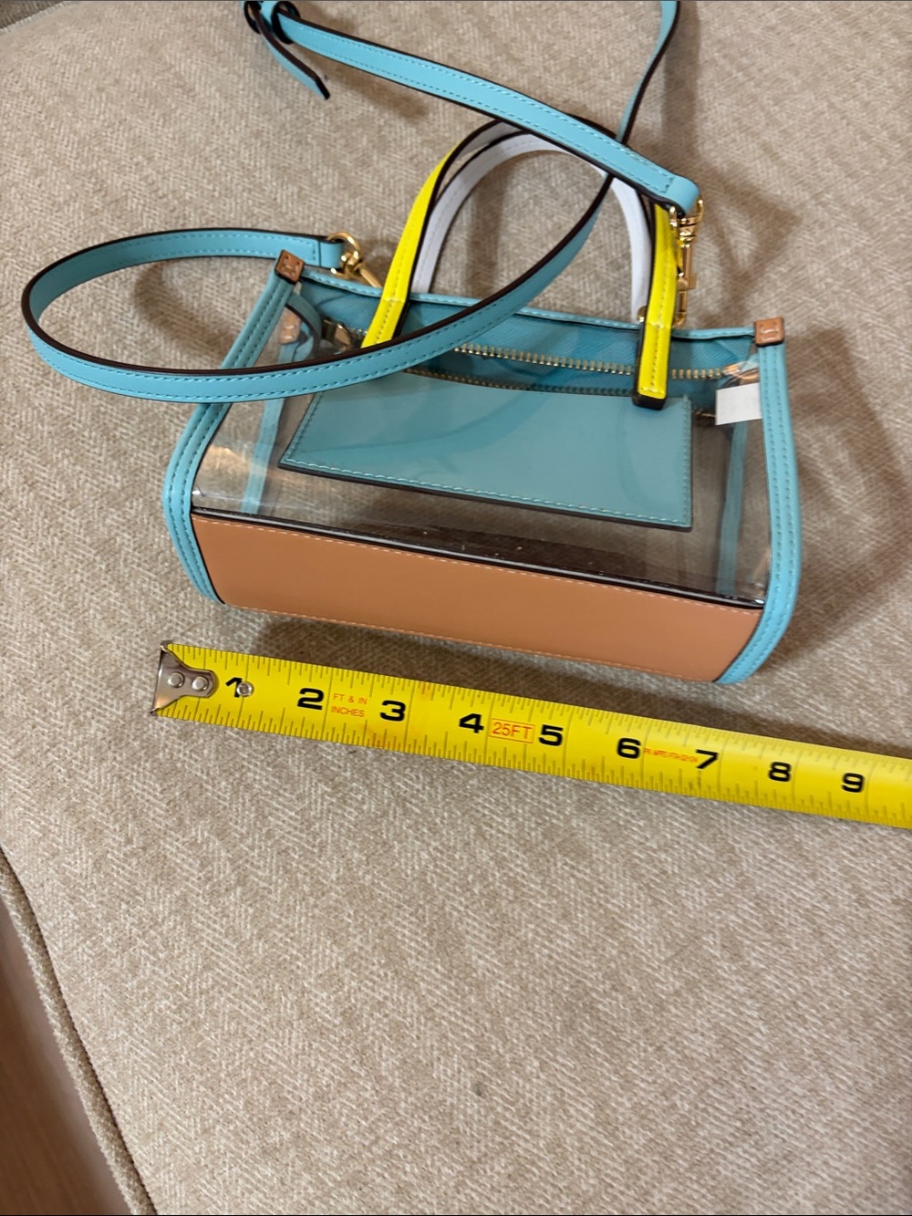 Tory Burch Clear Mini Tote in Aqua with Yellow Handles - Picture 5 of 6